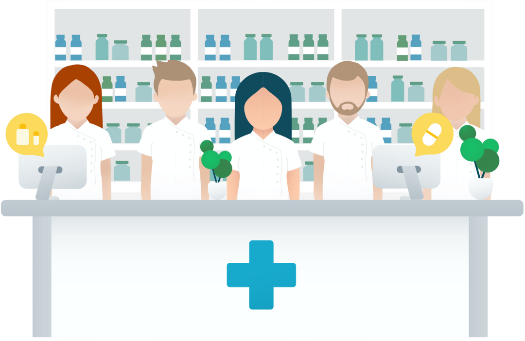 Storbie group of pharmacists at counter